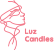Logo of Luz Candles with a stylized face and pink text on a white background