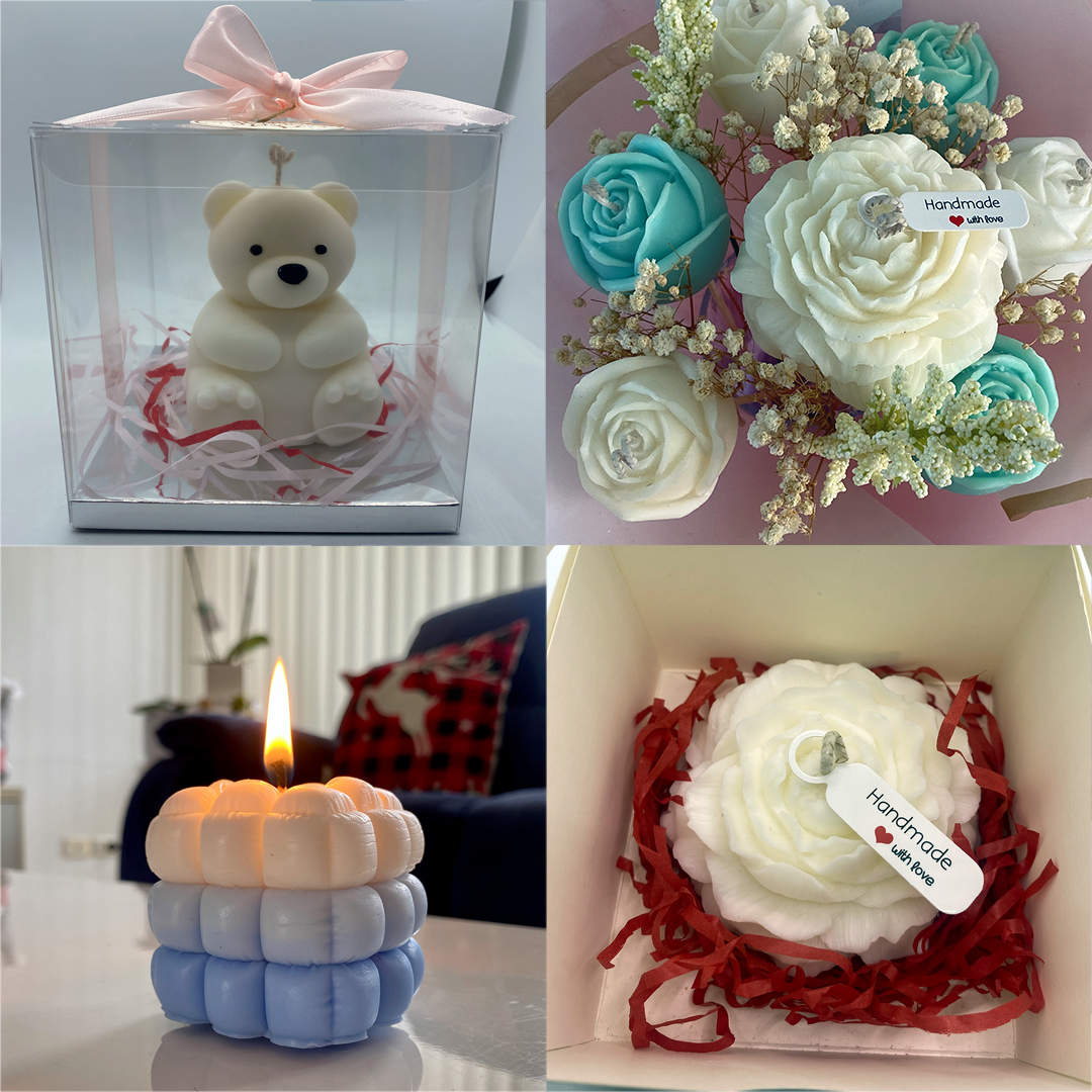 Collage of various handmade items including a teddy bear candle, flower arrangement, layered candle, and cupcake-shaped candle.