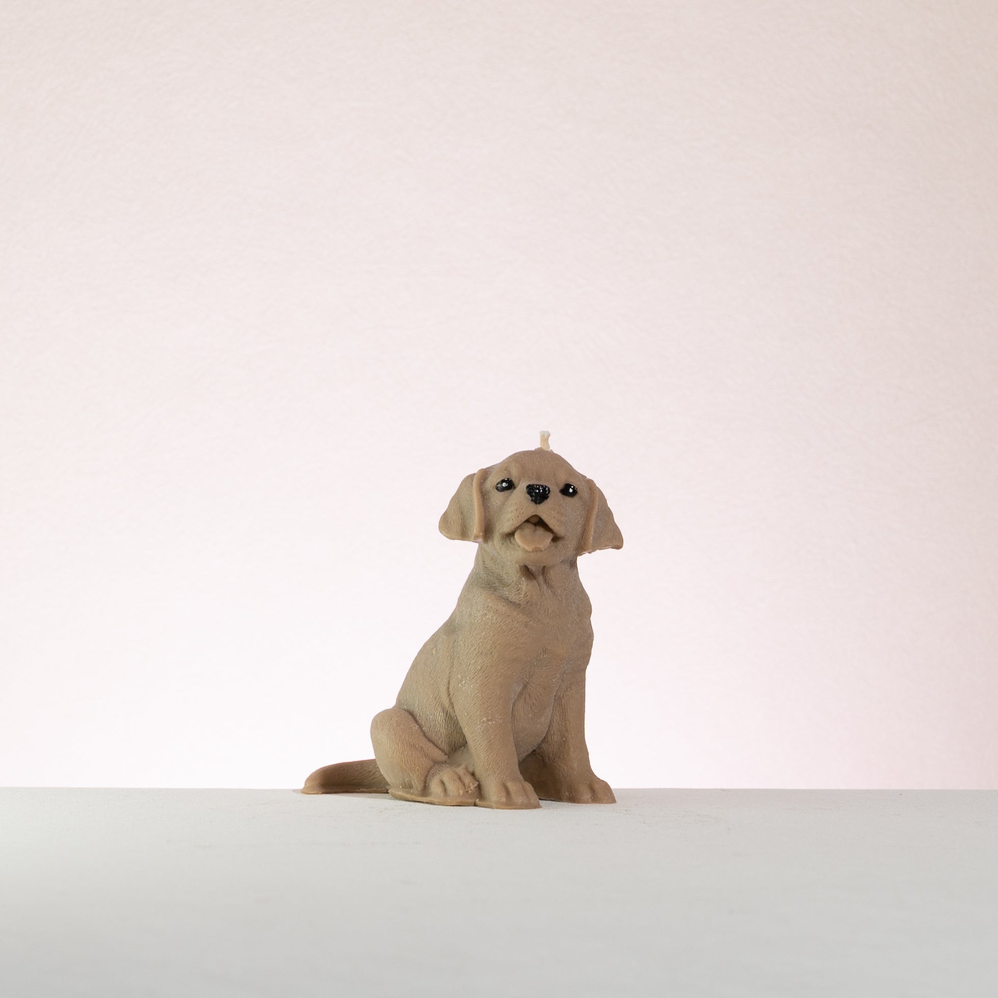 Labrador dog figurine sitting on a white surface with a light pink background